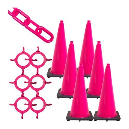 GEC Mr. Chain Traffic Cone and Chain Kit, 28in Cone Height, HDPE/PVC, Safety Pink 93225-6